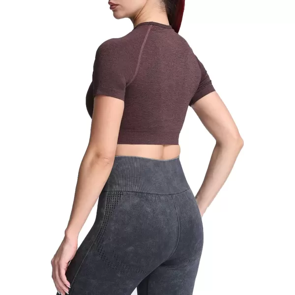 Aoxjox Womens Workout Vital Short Sleeve Seamless Crop Top Yoga Gym Sport Shirts T ShirtB Cherry Brown Marl Crop Tops