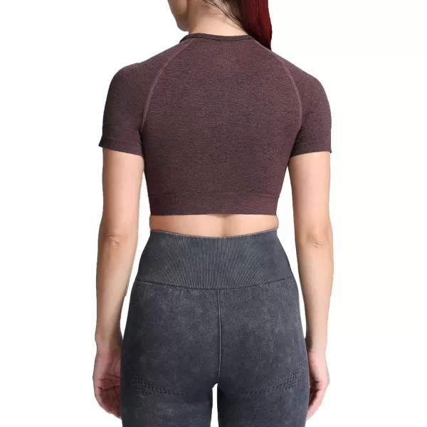 Aoxjox Womens Workout Vital Short Sleeve Seamless Crop Top Yoga Gym Sport Shirts T ShirtB Cherry Brown Marl Crop Tops