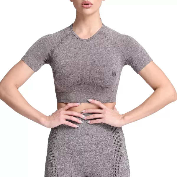 Aoxjox Womens Workout Vital Short Sleeve Seamless Crop Top Yoga Gym Sport Shirts T ShirtB Coffee Marl Crop Tops