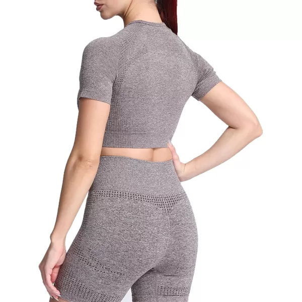 Aoxjox Womens Workout Vital Short Sleeve Seamless Crop Top Yoga Gym Sport Shirts T ShirtB Coffee Marl Crop Tops