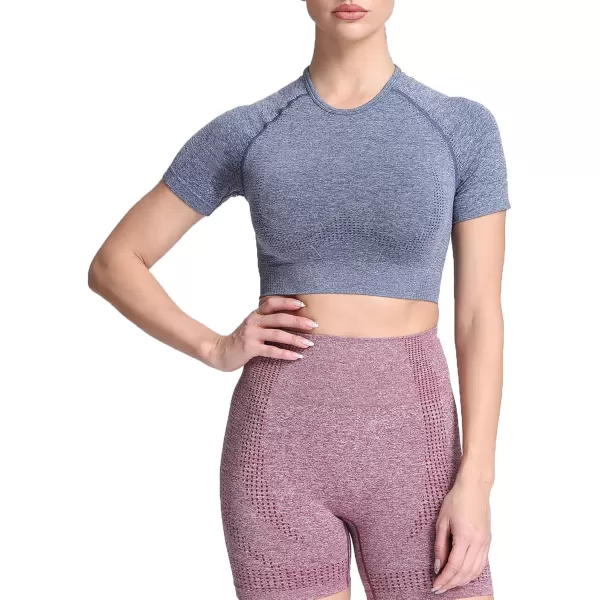Aoxjox Womens Workout Vital Short Sleeve Seamless Crop Top Yoga Gym Sport Shirts T ShirtB Dark Blue Marl Crop Tops