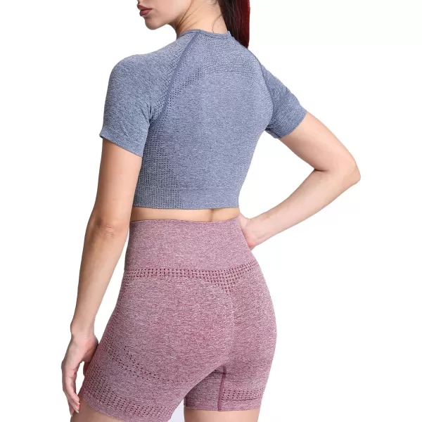 Aoxjox Womens Workout Vital Short Sleeve Seamless Crop Top Yoga Gym Sport Shirts T ShirtB Dark Blue Marl Crop Tops