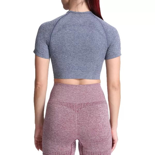 Aoxjox Womens Workout Vital Short Sleeve Seamless Crop Top Yoga Gym Sport Shirts T ShirtB Dark Blue Marl Crop Tops