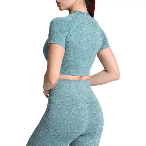 Aoxjox Womens Workout Vital Short Sleeve Seamless Crop Top Yoga Gym Sport Shirts T ShirtB Dark Green Marl Crop Tops