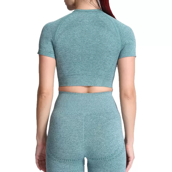 Aoxjox Womens Workout Vital Short Sleeve Seamless Crop Top Yoga Gym Sport Shirts T ShirtB Dark Green Marl Crop Tops