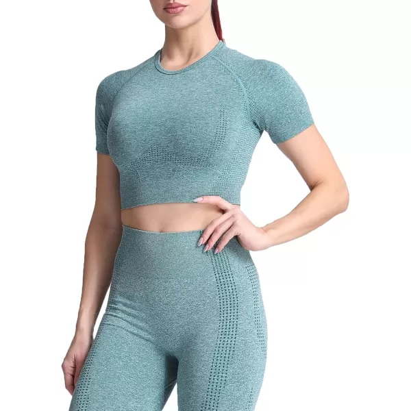 Aoxjox Womens Workout Vital Short Sleeve Seamless Crop Top Yoga Gym Sport Shirts T ShirtB Dark Green Marl Crop Tops