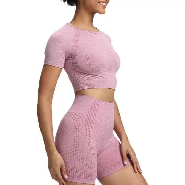Aoxjox Womens Workout Vital Short Sleeve Seamless Crop Top Yoga Gym Sport Shirts T ShirtB Dusky Pink Marl Crop Tops