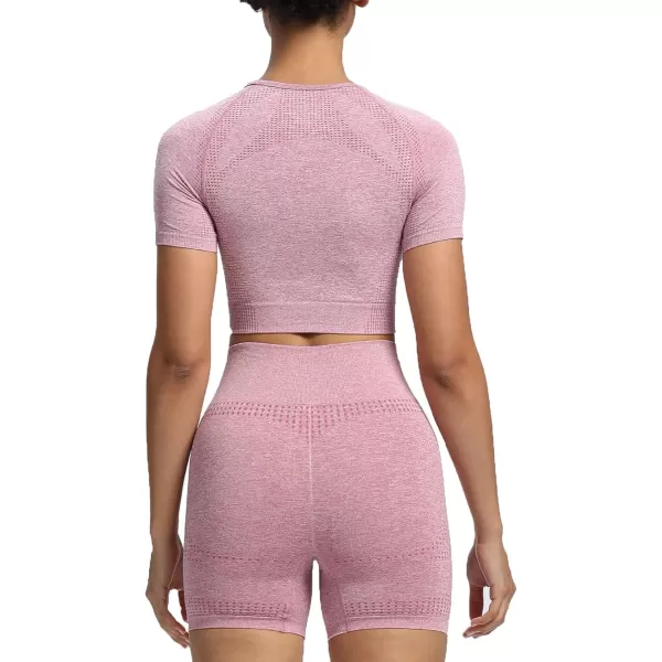Aoxjox Womens Workout Vital Short Sleeve Seamless Crop Top Yoga Gym Sport Shirts T ShirtB Dusky Pink Marl Crop Tops
