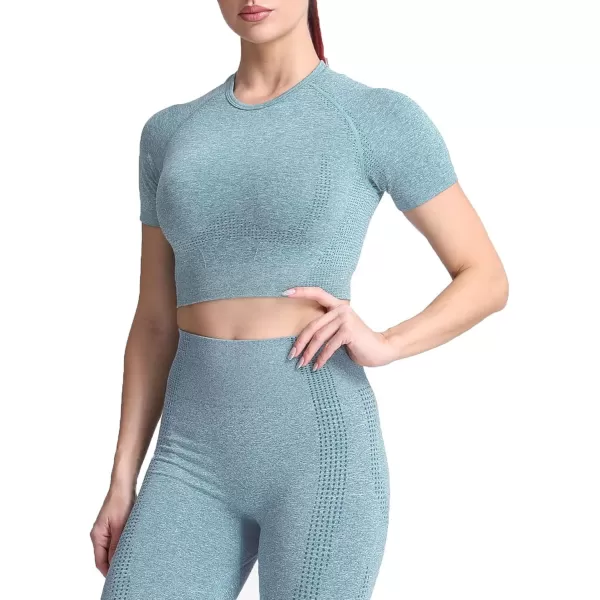 Aoxjox Womens Workout Vital Short Sleeve Seamless Crop Top Yoga Gym Sport Shirts T ShirtB Forest Green Marl Crop Tops