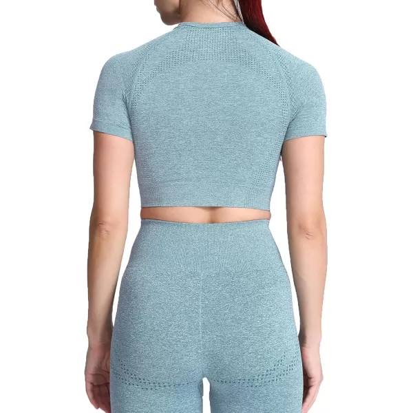 Aoxjox Womens Workout Vital Short Sleeve Seamless Crop Top Yoga Gym Sport Shirts T ShirtB Forest Green Marl Crop Tops