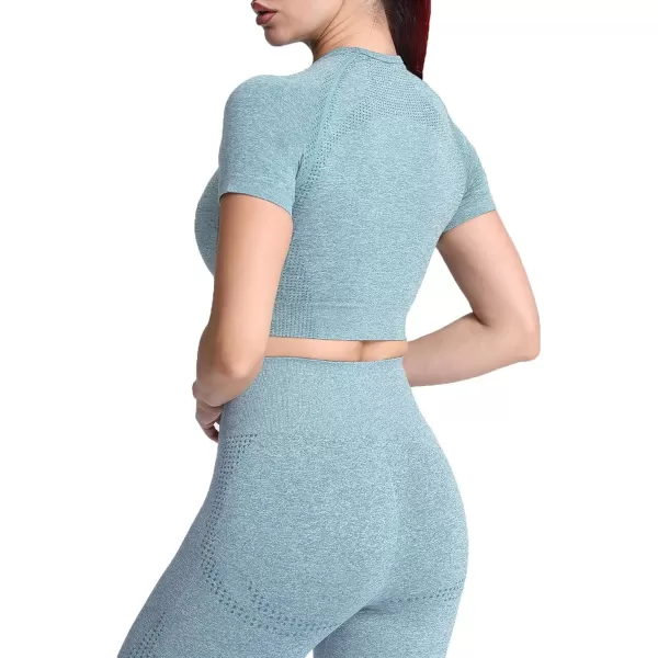Aoxjox Womens Workout Vital Short Sleeve Seamless Crop Top Yoga Gym Sport Shirts T ShirtB Forest Green Marl Crop Tops