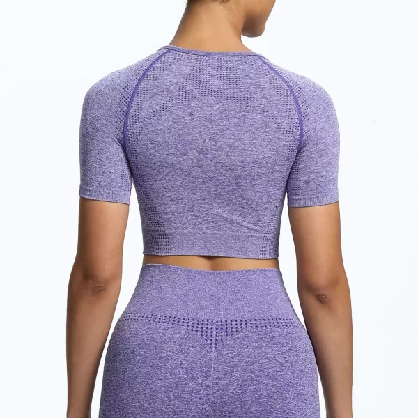 Aoxjox Womens Workout Vital Short Sleeve Seamless Crop Top Yoga Gym Sport Shirts T ShirtB Indigo Marl Crop Tops