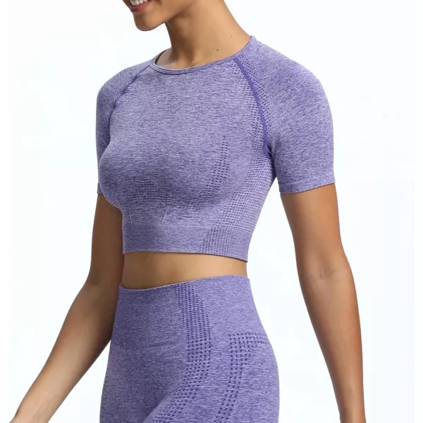 Aoxjox Womens Workout Vital Short Sleeve Seamless Crop Top Yoga Gym Sport Shirts T ShirtB Indigo Marl Crop Tops