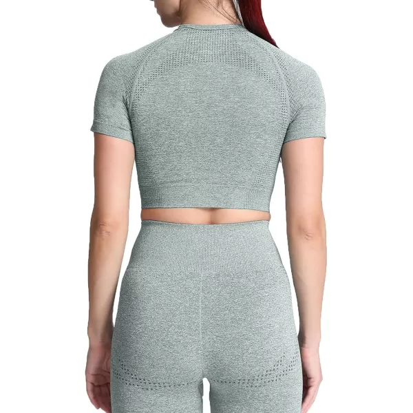 Aoxjox Womens Workout Vital Short Sleeve Seamless Crop Top Yoga Gym Sport Shirts T ShirtB Khaki Marl Crop Tops
