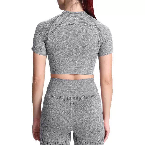 Aoxjox Womens Workout Vital Short Sleeve Seamless Crop Top Yoga Gym Sport Shirts T ShirtB Smoky Grey Marl Crop Tops