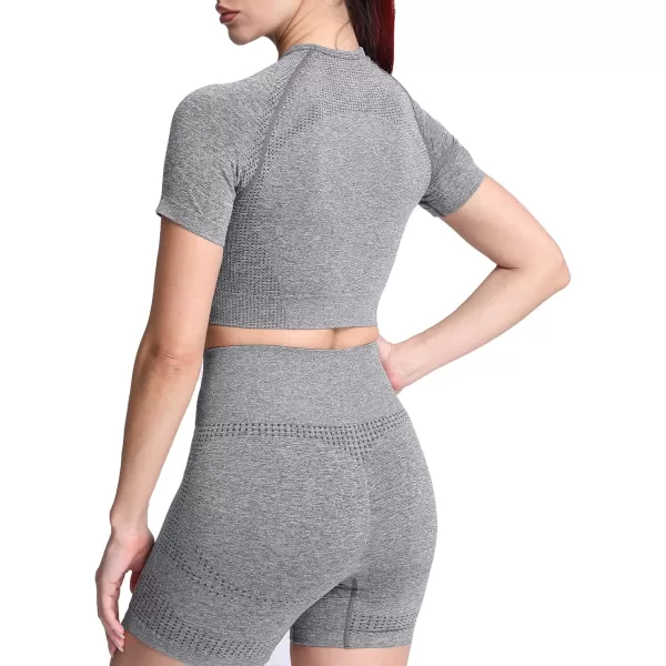 Aoxjox Womens Workout Vital Short Sleeve Seamless Crop Top Yoga Gym Sport Shirts T ShirtB Smoky Grey Marl Crop Tops