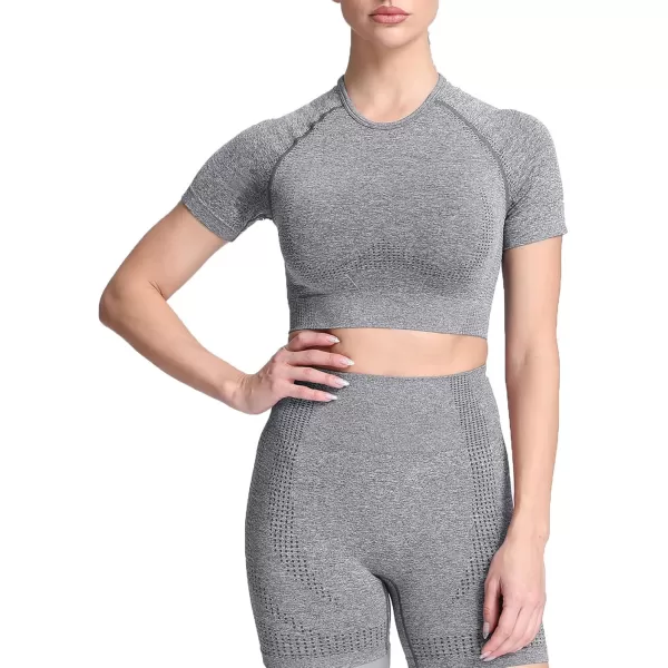 Aoxjox Womens Workout Vital Short Sleeve Seamless Crop Top Yoga Gym Sport Shirts T ShirtB Smoky Grey Marl Crop Tops