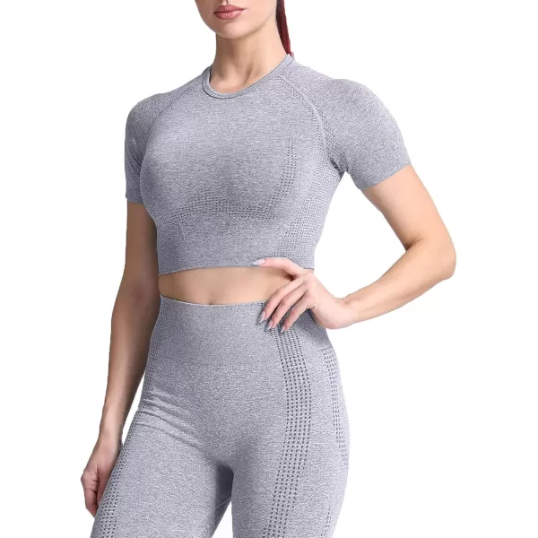 Aoxjox Womens Workout Vital Short Sleeve Seamless Crop Top Yoga Gym Sport Shirts T ShirtB Steel Blue Marl Crop Tops