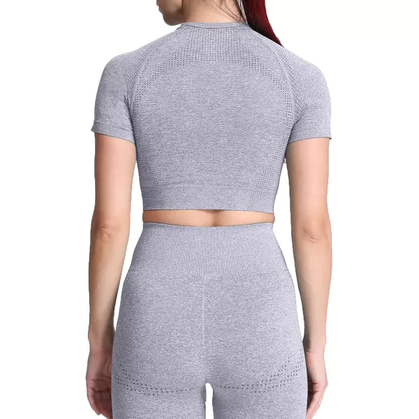 Aoxjox Womens Workout Vital Short Sleeve Seamless Crop Top Yoga Gym Sport Shirts T ShirtB Steel Blue Marl Crop Tops