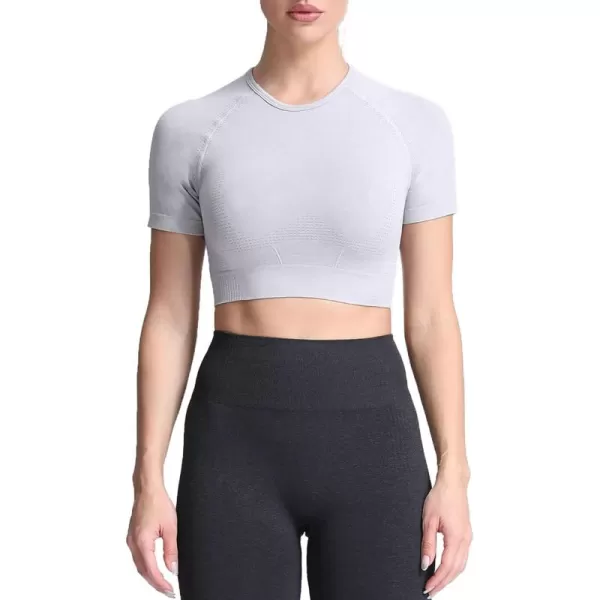 Aoxjox Womens Workout Vital Short Sleeve Seamless Crop Top Yoga Gym Sport Shirts T ShirtA White Grey Marl Crop Tops