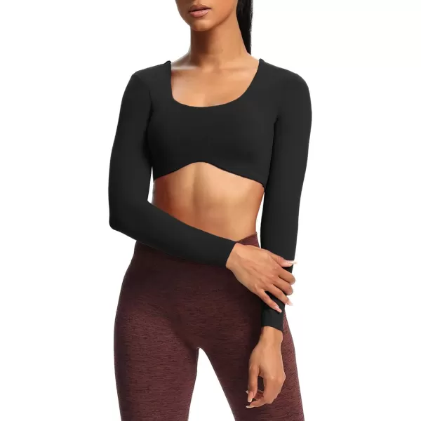 Aoxjox Long Sleeve Crop Tops for Women Define Sculpt Workout Crop T Shirt TopBlack