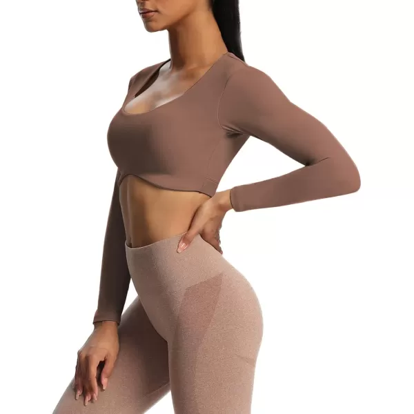 Aoxjox Long Sleeve Crop Tops for Women Define Sculpt Workout Crop T Shirt TopFudge Coffee