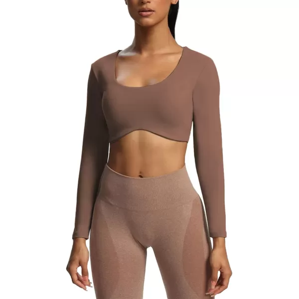 Aoxjox Long Sleeve Crop Tops for Women Define Sculpt Workout Crop T Shirt TopFudge Coffee
