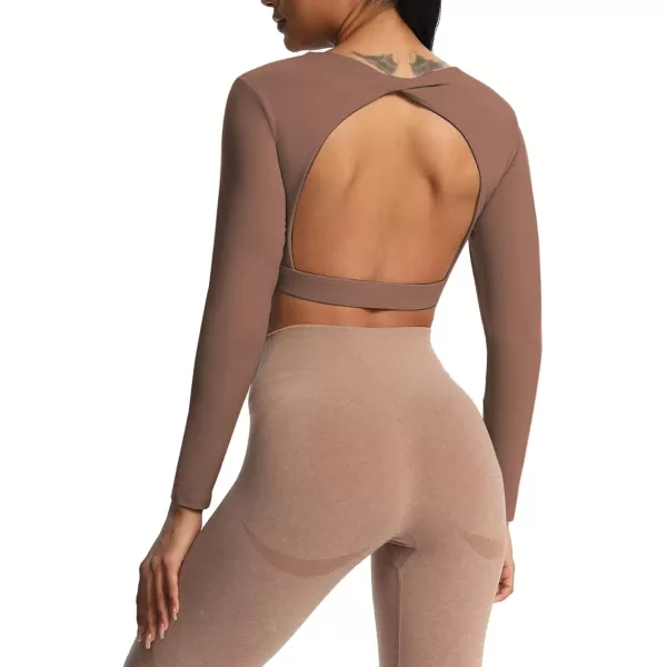 Aoxjox Long Sleeve Crop Tops for Women Define Sculpt Workout Crop T Shirt TopFudge Coffee