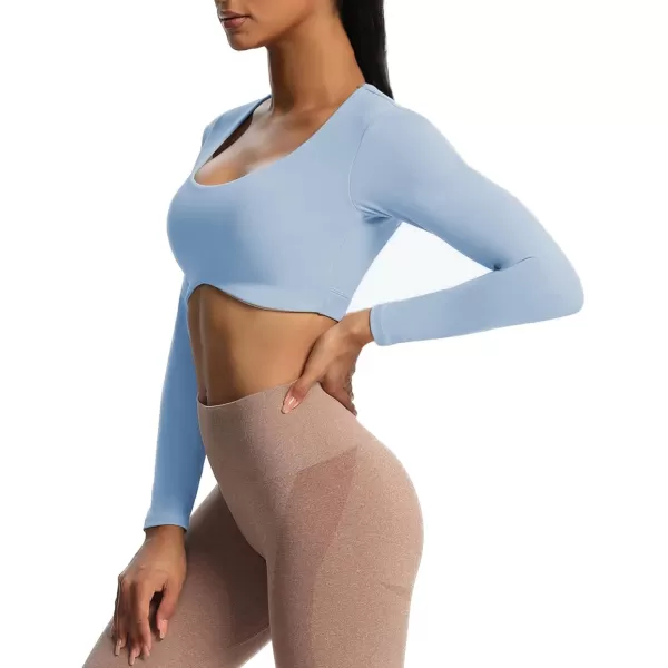 Aoxjox Long Sleeve Crop Tops for Women Define Sculpt Workout Crop T Shirt TopLight Blue