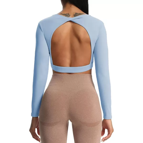 Aoxjox Long Sleeve Crop Tops for Women Define Sculpt Workout Crop T Shirt TopLight Blue