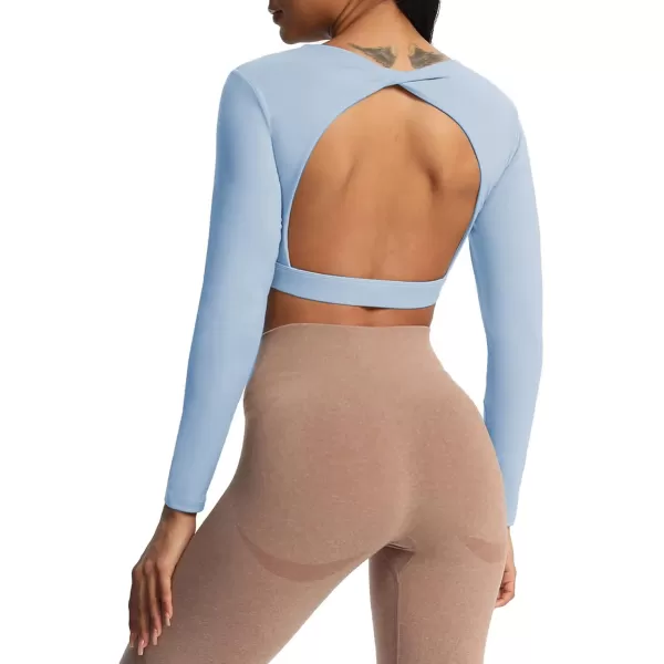 Aoxjox Long Sleeve Crop Tops for Women Define Sculpt Workout Crop T Shirt TopLight Blue