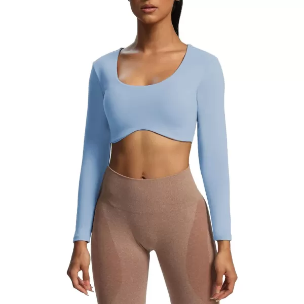 Aoxjox Long Sleeve Crop Tops for Women Define Sculpt Workout Crop T Shirt TopLight Blue