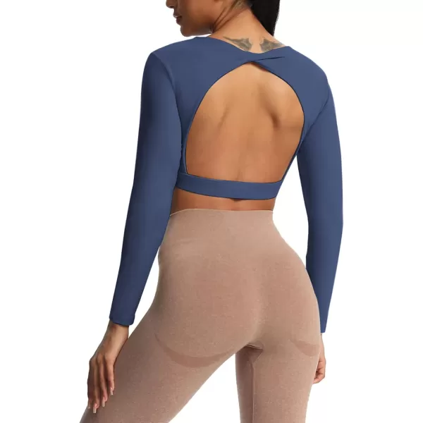 Aoxjox Long Sleeve Crop Tops for Women Define Sculpt Workout Crop T Shirt TopNavy