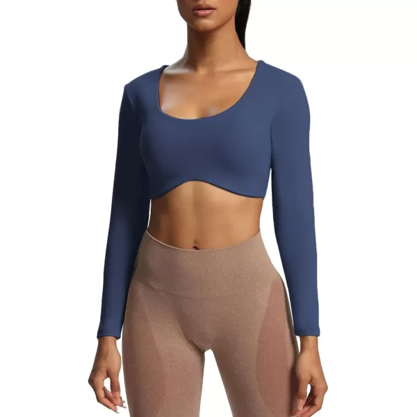 Aoxjox Long Sleeve Crop Tops for Women Define Sculpt Workout Crop T Shirt TopNavy