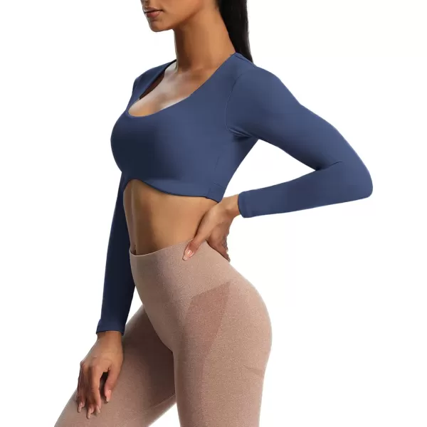 Aoxjox Long Sleeve Crop Tops for Women Define Sculpt Workout Crop T Shirt TopNavy