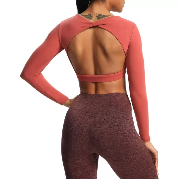 Aoxjox Long Sleeve Crop Tops for Women Define Sculpt Workout Crop T Shirt TopRust Red