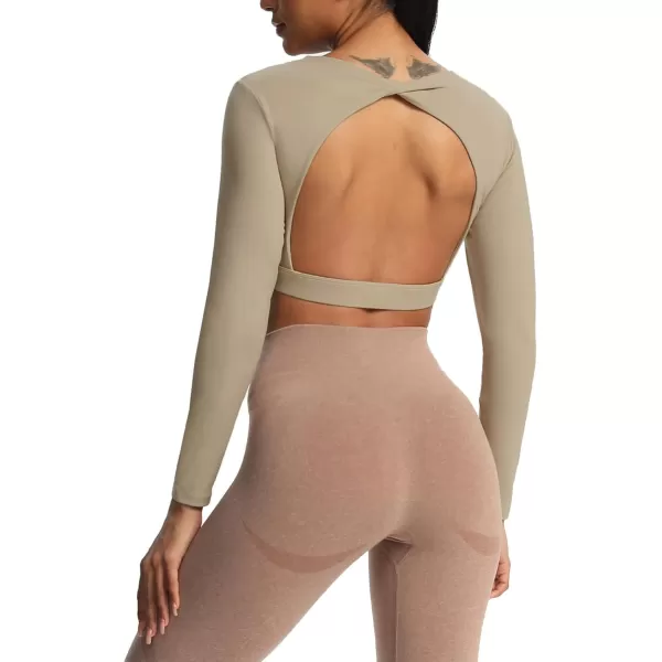 Aoxjox Long Sleeve Crop Tops for Women Define Sculpt Workout Crop T Shirt TopTaupe