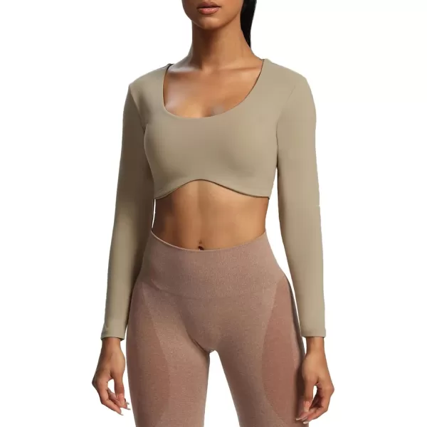 Aoxjox Long Sleeve Crop Tops for Women Define Sculpt Workout Crop T Shirt TopTaupe