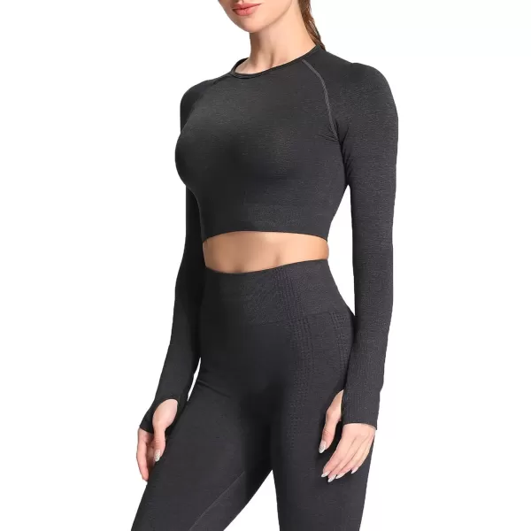 Aoxjox Long Sleeve Crop Tops for Women Vital Workout Seamless Crop T Shirt TopA Black Marl  Crop Top 