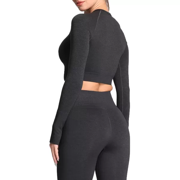 Aoxjox Long Sleeve Crop Tops for Women Vital Workout Seamless Crop T Shirt TopA Black Marl  Crop Top 