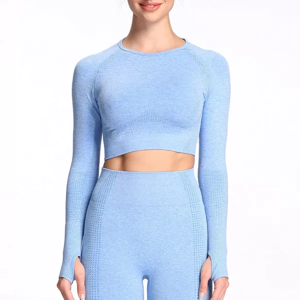 Aoxjox Long Sleeve Crop Tops for Women Vital Workout Seamless Crop T Shirt TopB Sky Blue Marl  Crop Top 