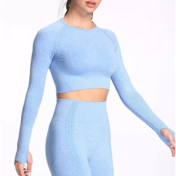 Aoxjox Long Sleeve Crop Tops for Women Vital Workout Seamless Crop T Shirt TopB Sky Blue Marl  Crop Top 