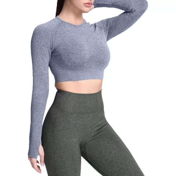 Aoxjox Long Sleeve Crop Tops for Women Vital Workout Seamless Crop T Shirt TopC Dark Blue Marl  Crop Top 