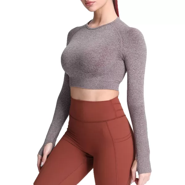 Aoxjox Long Sleeve Crop Tops for Women Vital Workout Seamless Crop T Shirt TopD Coffee Marl  Crop Top 