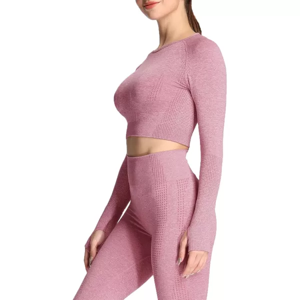 Aoxjox Long Sleeve Crop Tops for Women Vital Workout Seamless Crop T Shirt TopD Dusky Pink Marl  Crop Top 