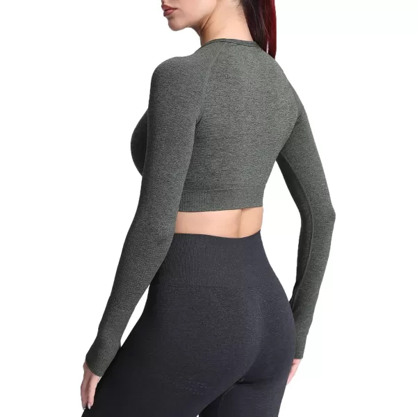 Aoxjox Long Sleeve Crop Tops for Women Vital Workout Seamless Crop T Shirt TopF Army Green Marl  Crop Top 