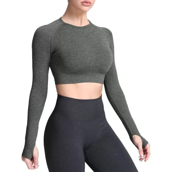 Aoxjox Long Sleeve Crop Tops for Women Vital Workout Seamless Crop T Shirt TopF Army Green Marl  Crop Top 