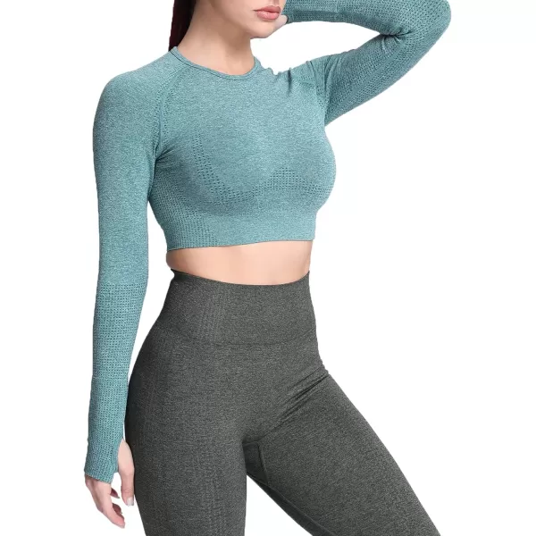 Aoxjox Long Sleeve Crop Tops for Women Vital Workout Seamless Crop T Shirt TopF Dark Green Marl  Crop Top 