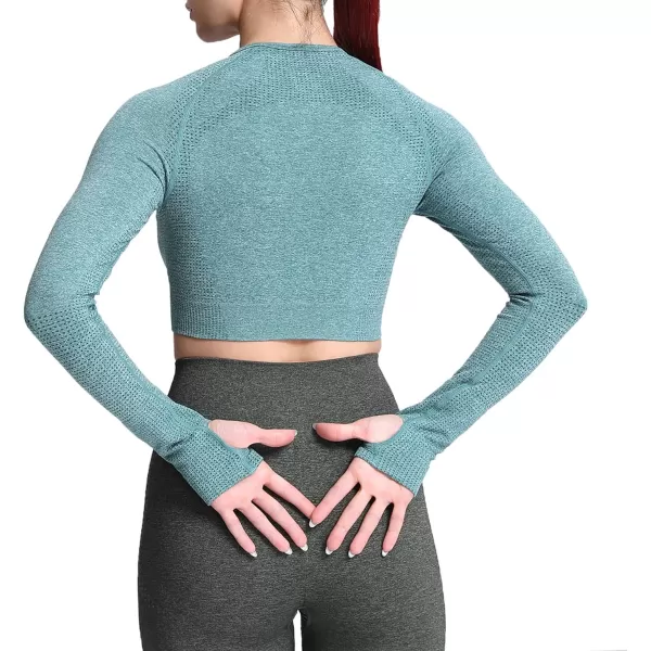 Aoxjox Long Sleeve Crop Tops for Women Vital Workout Seamless Crop T Shirt TopF Dark Green Marl  Crop Top 