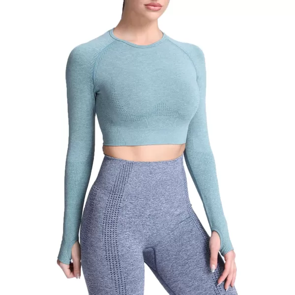 Aoxjox Long Sleeve Crop Tops for Women Vital Workout Seamless Crop T Shirt TopF Forest Green Marl  Crop Top 